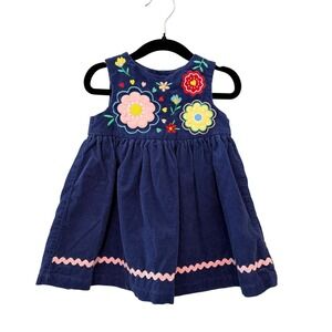 Vintage Good Lad Navy Corduroy Floral Embroidered Toddler Dress 18M Pink Rickrac
